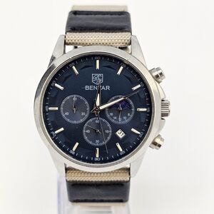 Benyar Men's Watch 42MM Blue Dial Date New‎ Black Tan Canvas Bands New Battery